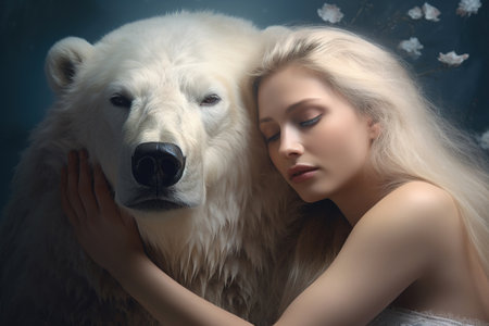 Image of beautiful woman and white bear expressing friendship. Animal. Illustration, Generative AI.の素材