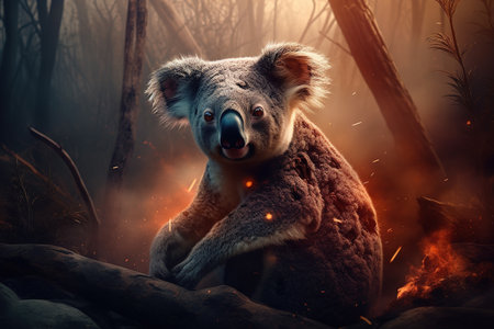 A koala is in a forest where a forest fire is burning. Wildlife Animals. Illustration, Generative AI.の素材