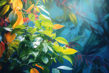 Image of beautiful colorful leaves and flowers With space on the side for inserting text. Natural., Generative AI, Illustration.の素材