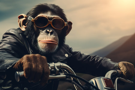 Image of cool chimpanz monkey wearing sunglasses is riding a chopper motorcycle. Animal., Illustration, Generative AI.の素材