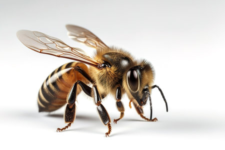 Image of bee on white background. Animal. Insect. Illustration, Generative AI.の素材