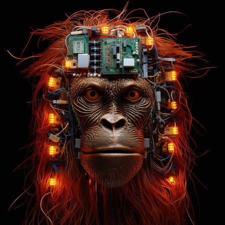 Image of an orangutan face made with electronic components on clean background. Wildlife Animals. Illustration, Generative AI.の素材