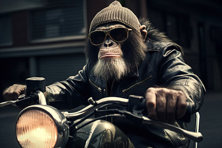 Image of cool chimpanz monkey wearing sunglasses is riding a chopper motorcycle. Animal., Illustration, Generative AI.の素材