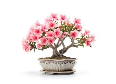 Image of beautiful adenium somalense in a pot on white background. Flower, Illustration, Generative AI.の素材