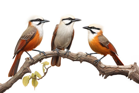Image of group of white-crested laughing thrush birds on a branch on a white background. Birds. Animals. Illustration, Generative AI.の素材