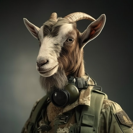 Portrait of a goat dressed in a tactical military outfit on a clean background. Farm animals. Illustration, Generative AI.の素材