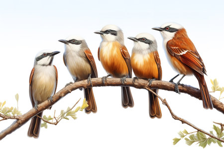 Image of group of white-crested laughing thrush birds on a branch on a white background. Birds. Animals. Illustration, Generative AI.の素材