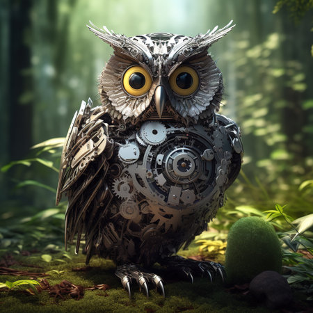 Image of an owl modified into a robot in the forest. Wild animals. illustration, generative AI.の素材