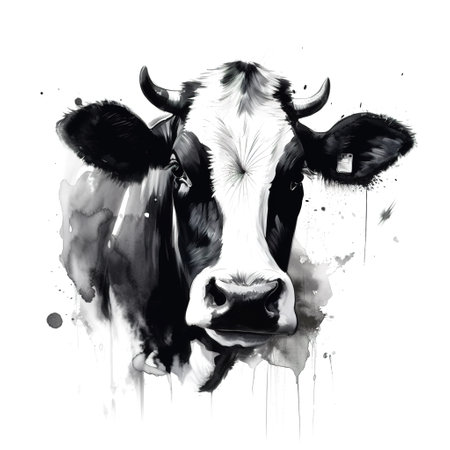 Black and white watercolor painting of a cow on a white background. Farm animals.の素材