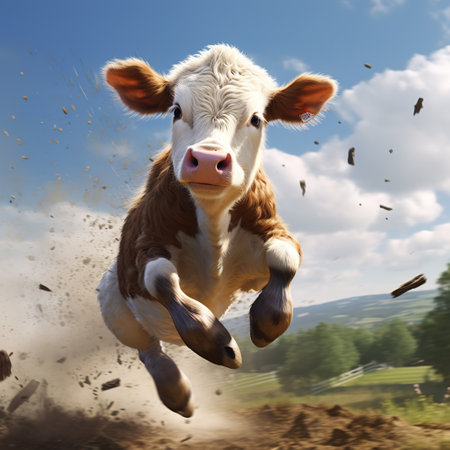 An image of a cow in a good mood running. Farm animals.の素材