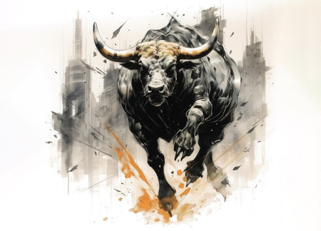 Painting of bull is angry running on a white background. Wild animal.の素材