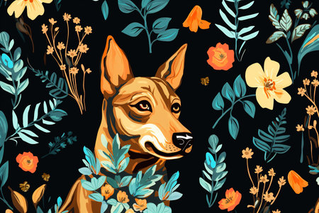 Image of pattern design using dog and flowers and leaves. Pet. Animals. Illustration, Generative AI.の素材