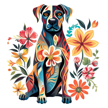 Image of pattern design using Great Dane dog and flowers and leaves. Pet. Animals. Illustration, Generative AI.の素材