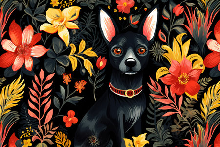 Image of pattern design using dog and flowers and leaves. Pet. Animals. Illustration, Generative AI.の素材