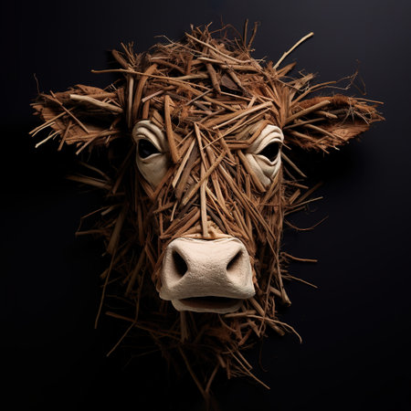 Image of cow face made with dry twigs on black background. Farm animals.の素材