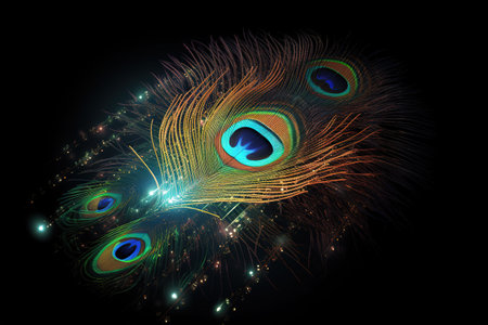 Image of peacock's feathers with technology concept on black background. Animals.の素材