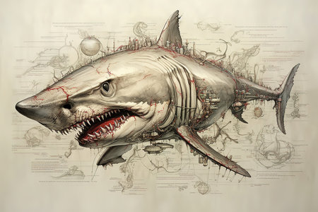 Fantasy of An angry big shark opens its mouth wide with sharp teeth. Undersea animals. Fish.の素材