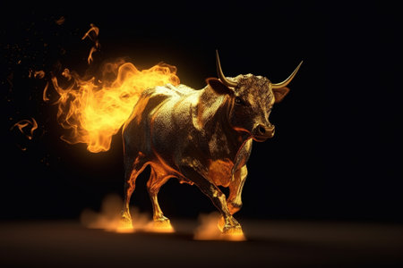 Angry gold bull with fire on black background. Bull statue Wildlife Animals.の素材