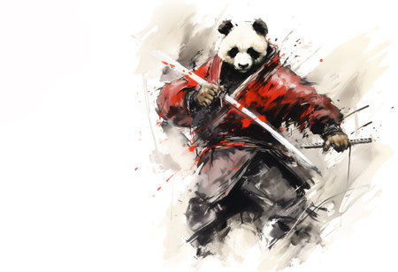 Watercolor painting of a panda in a samurai uniform on a white background. Art. Wildlife Animals.の素材