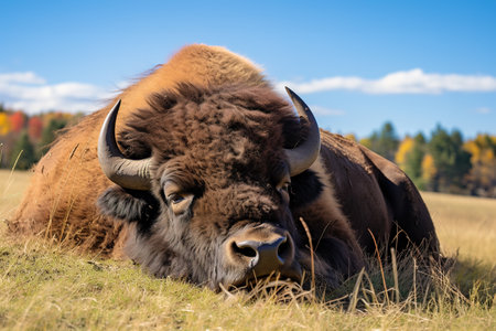 Image of bison sleeping lying on the ground in the middle of the grass. Wildlife Animals.の素材
