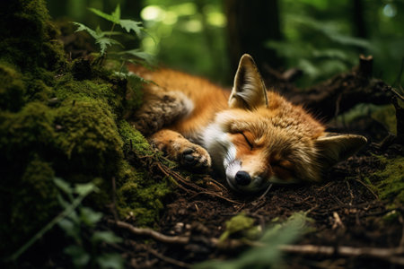 Image of a fox sleeping lying on the ground in the forest. Wildlife Animals.の素材