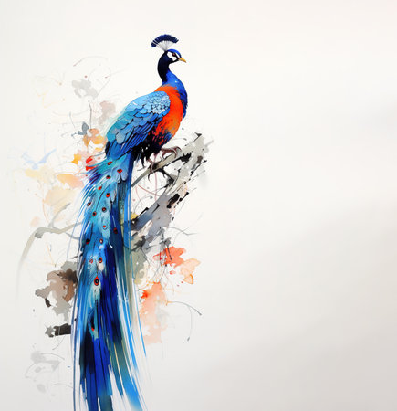 Painting of peacock with a beautiful tail perched on a teer branch on a clean background. Bird. Wildlife Animals.の素材