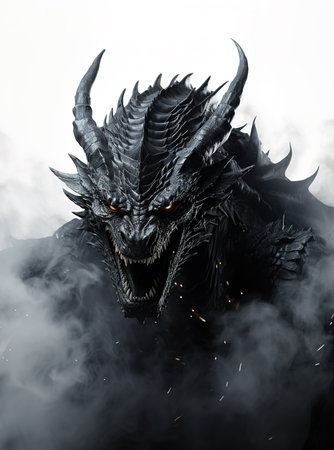 Image of a drargon and black smoke on white background. Mythical creatures. Animal.の素材