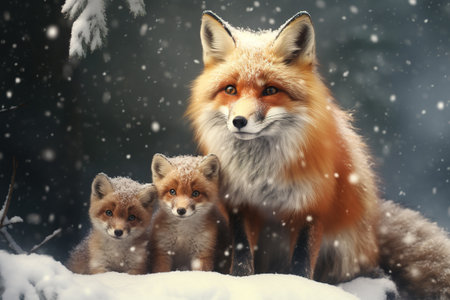 Image of family of fox amidst a blizzard in the forest. Mammals. Wildlife Animals. Ai.の素材