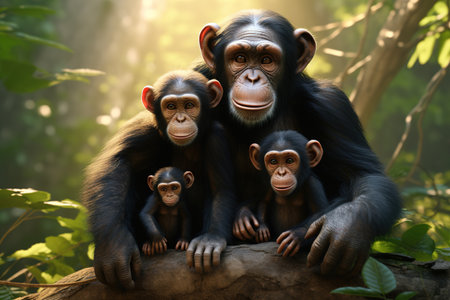 Family of chimpanzee in the forest, Mammals, Wildlife Animals. Illustration, Generative AI.の素材