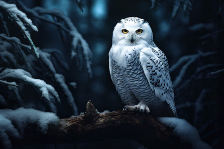 Image of snowy owl on a branch in the forest. Birds. Animals. Illustration, Generative AI.の素材