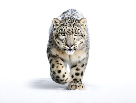 Image of snow leopard (Panthera uncia) on white background. Mammals. Wildlife Animals. Illustration, Generative AI.の素材