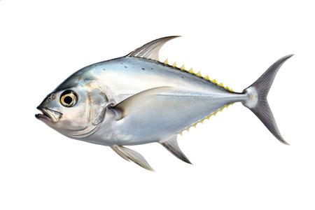 Image of a gylden pompano fish isolated on white background. Fresh fish. Underwater animals. Generative AI.の素材