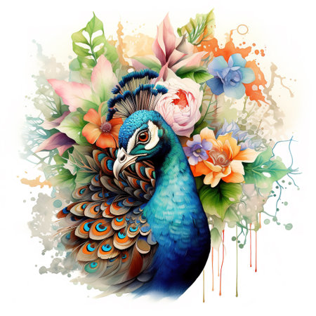 Image of a peacock head with colorful tropical flowers on white background. Birds. Wildlife Animals.の素材
