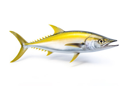Image of a yellow tail kingfish isolated on white background. Fresh fish. Underwater animals. Generative AI.の素材