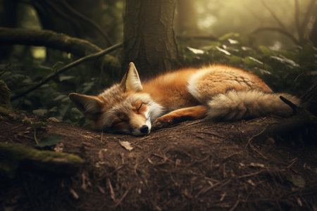 Image of a fox sleeping lying on the ground in the forest. Wildlife Animals.の素材