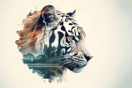 Isolated portrait of a majestic tiger head and rich forest on a clean background., using the double exposure picture technique,. Nature Photography. Wild animals. Generative AI.の素材