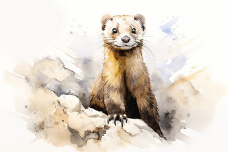 Watercolor painting of weasel / mink / ferret / ermine / polecat on White Background: Wildlife Portraits Featuring Cute Animals with Brown Fur. Wild Animals. Generative AI.の素材