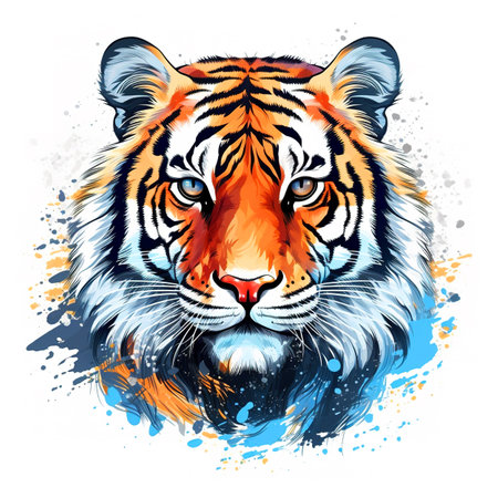 Painting of Tiger Face. Wild Animals. Clipart for Sublimation Printing. Illustration, Generative AI.の素材