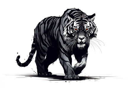 Black tiger hand drawing on white background. Wild Animals, Illustration, Generative AI.の素材