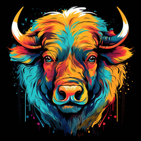 Painting colorful of a bison head on black background. Mammals. Wild Animals. Illustration, Generative AI.の素材