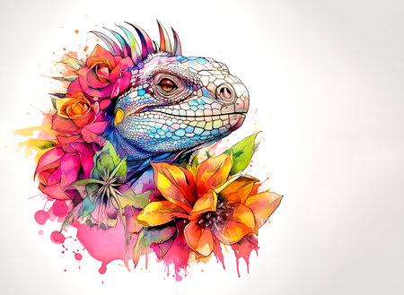 An iguana head and beautiful tropical flowers on clean background. Reptile. Illustration, Generative AI.の素材