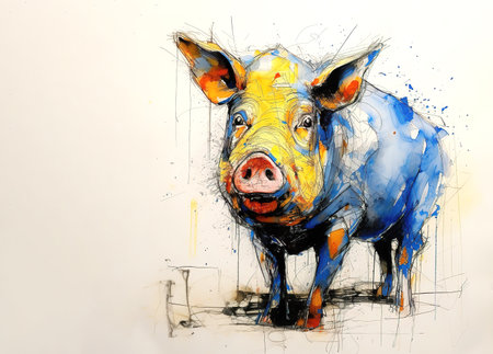 Beautiful painting of a pig on clean background. Mammals. Farm animals. Illustration, Generative AI.の素材