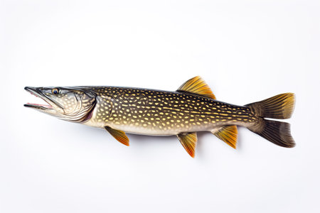Image of a northern pike fish isolated on white background. Fresh fish. Underwater animals. Generative AI.の素材