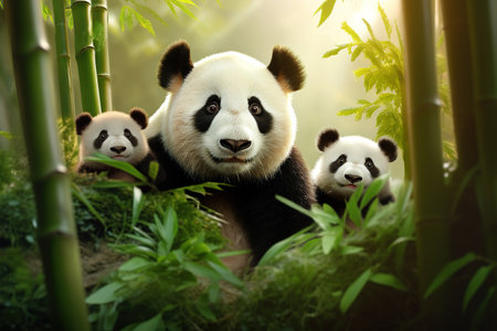Panda bear family enjoying bamboo feast in the bamboo forest, showcasing the adorable black and white mammal in its natural habitat amidst lush bamboo forest. Wild Animals. Generative AI.の素材