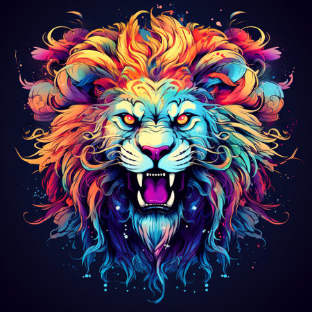 Colorful a lion head on black background. Wild Animals. Mammals. Illustration, Generative AI.の素材