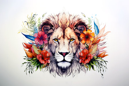 Image of a lion head with colorful tropical flowers on white background. Wildlife Animals.の素材