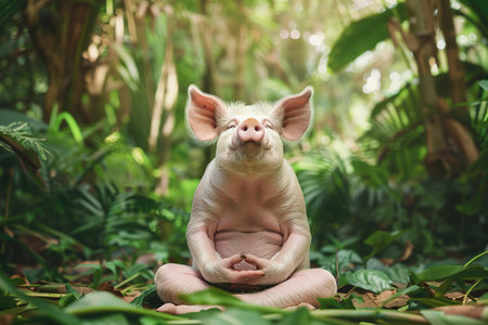 Adorable pig in a serene forest, sitting in a meditative lotus pose with a peaceful expression, surrounded by lush greenery and sunlight. Animals.の素材