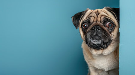 Pug dog peeks out from behind a corner on a blue background. Pet. Animals.の素材