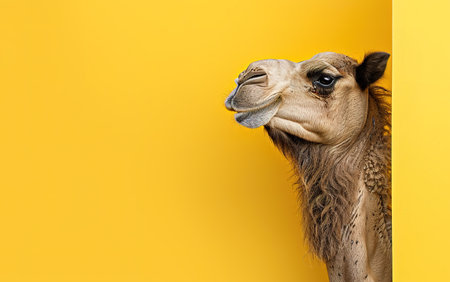 A camel peeks around a yellow mastase wall, with a curious expression on its face. Wildlife Animalsの素材