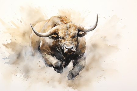 Watercolor painting of a bull running isolated on white background. Wildlife Animals.の素材